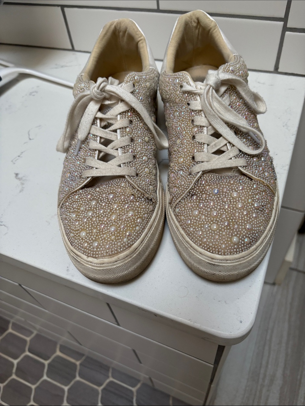 Betsey Johnson Beige Pearl & Crystal Embellished Sneakers
